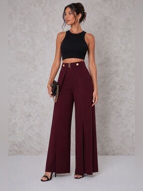 Valentine High-Waisted Burgundy Wide Leg Pants | Small | Elegant Flowy Trousers